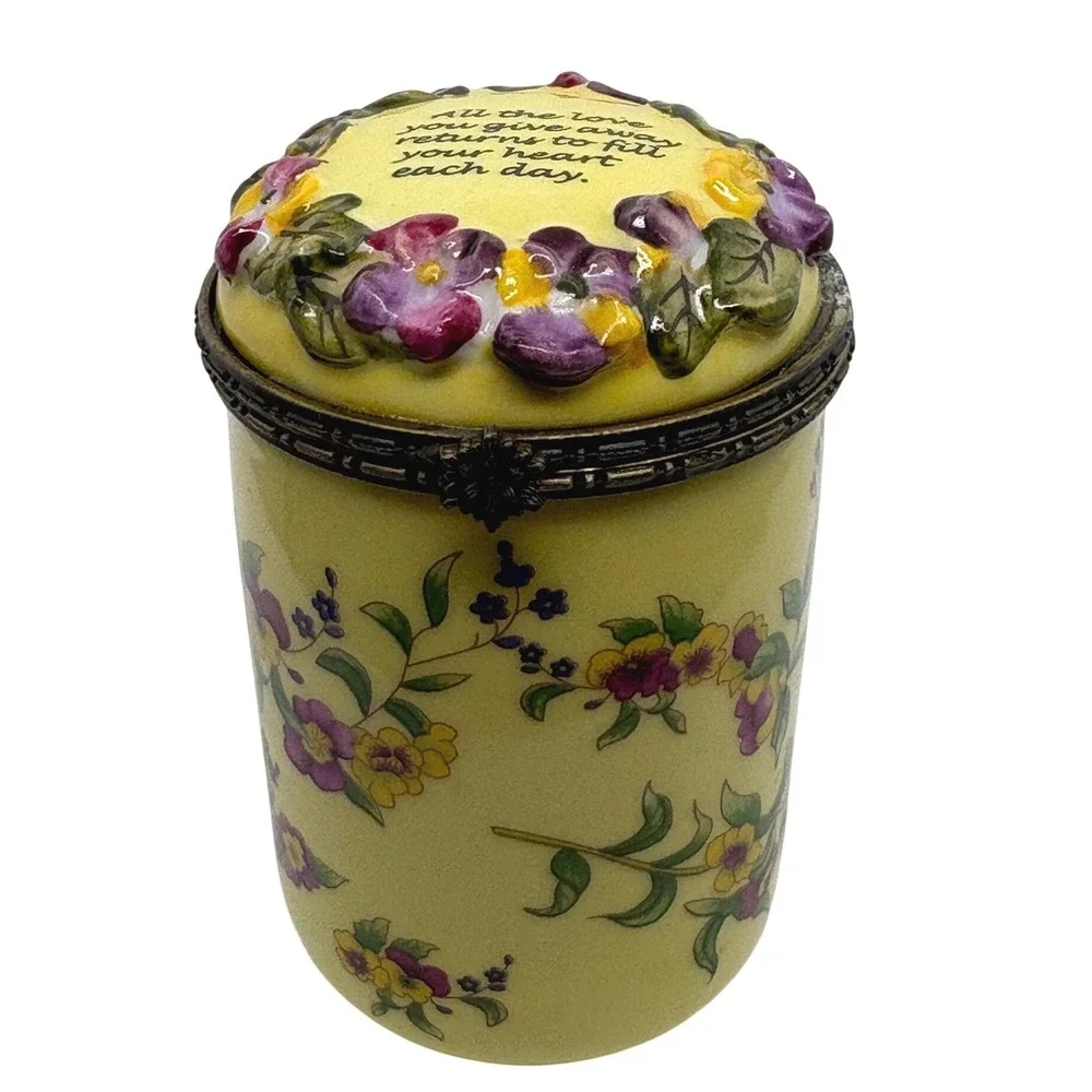 Bombay Co Yellow Floral Porcelain Hinged Lid Trinket Box Candle Quote BFF Love